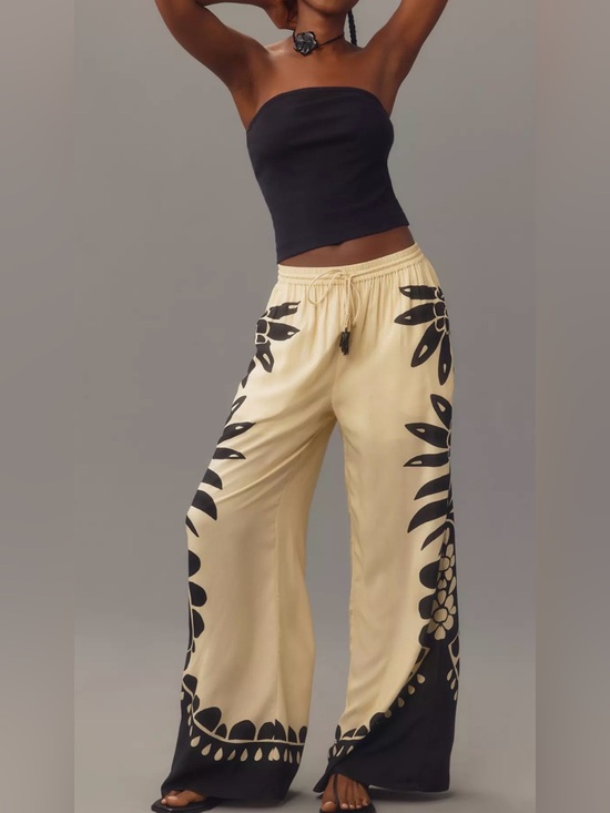 FARM Rio Pants - FARM Rio Cream Wide-Leg Pants with Black Floral Motif